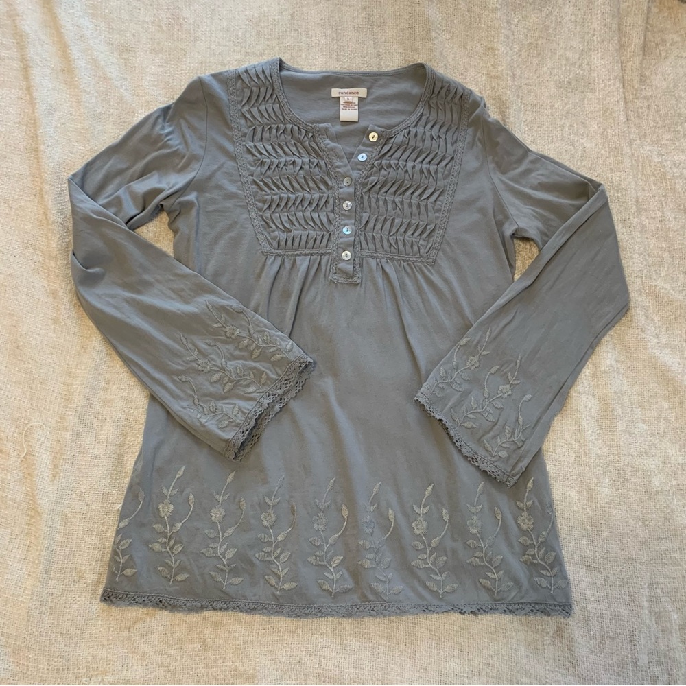Sundance Top Dove Gray Cotton Tunic embroidered details pin tuck placket small